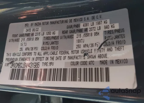 2022 Mazda Cx-30 Carbon Edition из США, поврежденный, VIN 3MVDMBCL6NM431985